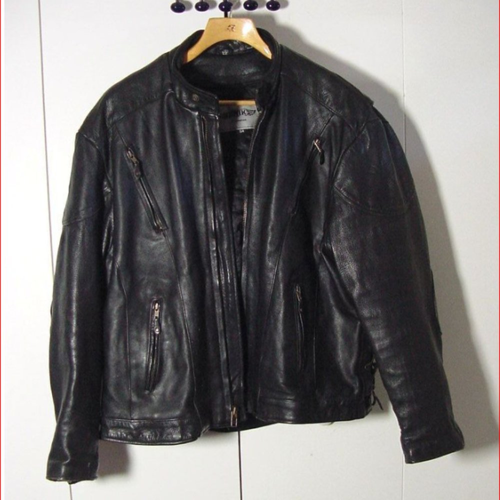 Vtg Black Leather Cafe Racer Biker Jacket Unik Premium Sz 54 /2XL